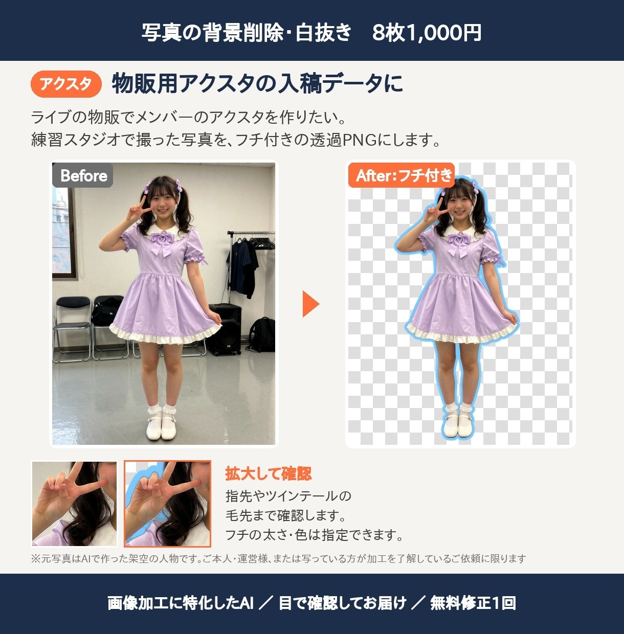 写真の背景を切り抜き、白抜き・透過PNGにします 8枚1,000円｜髪や透明な物も目で確認してお届け イメージ6