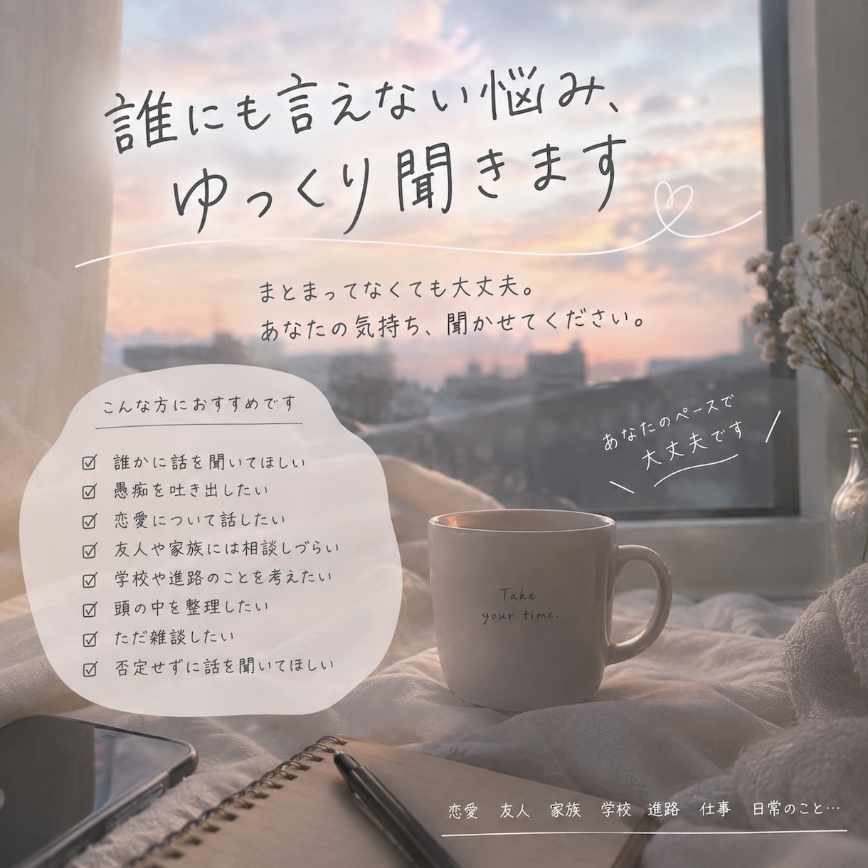 誰にも言えない悩み、ゆっくり聞きます まとまってなくても大丈夫。あなたの気持ち、聞かせてください。 イメージ1