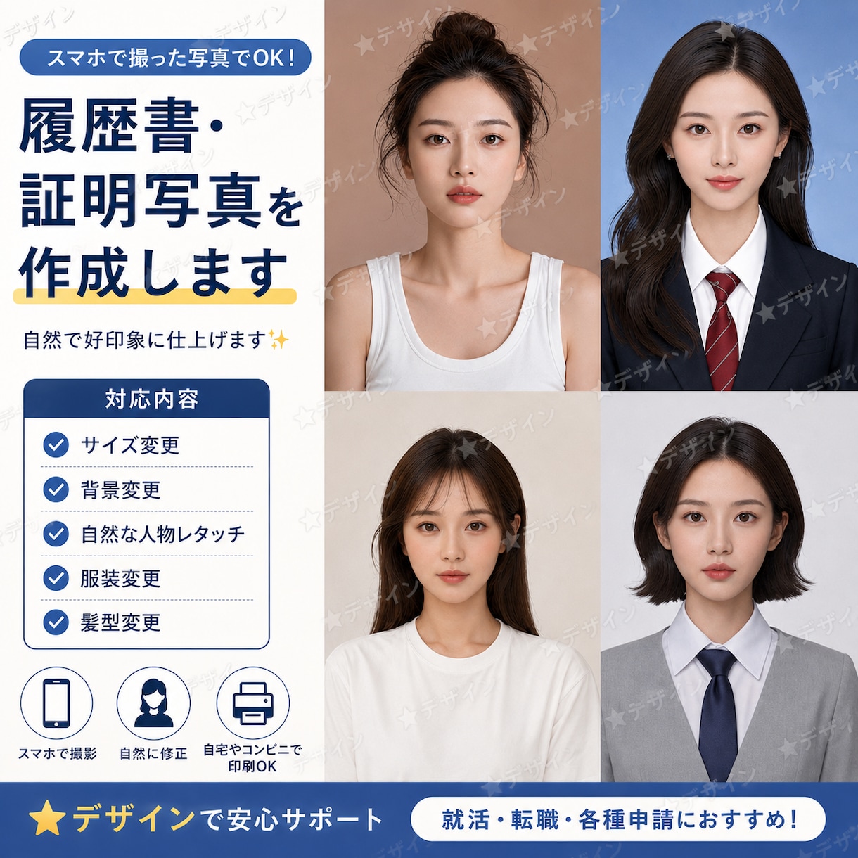 履歴書・証明写真を好印象に仕上げます 自宅で撮れます！背景変更・服装変更・髪型変更対応！ イメージ1