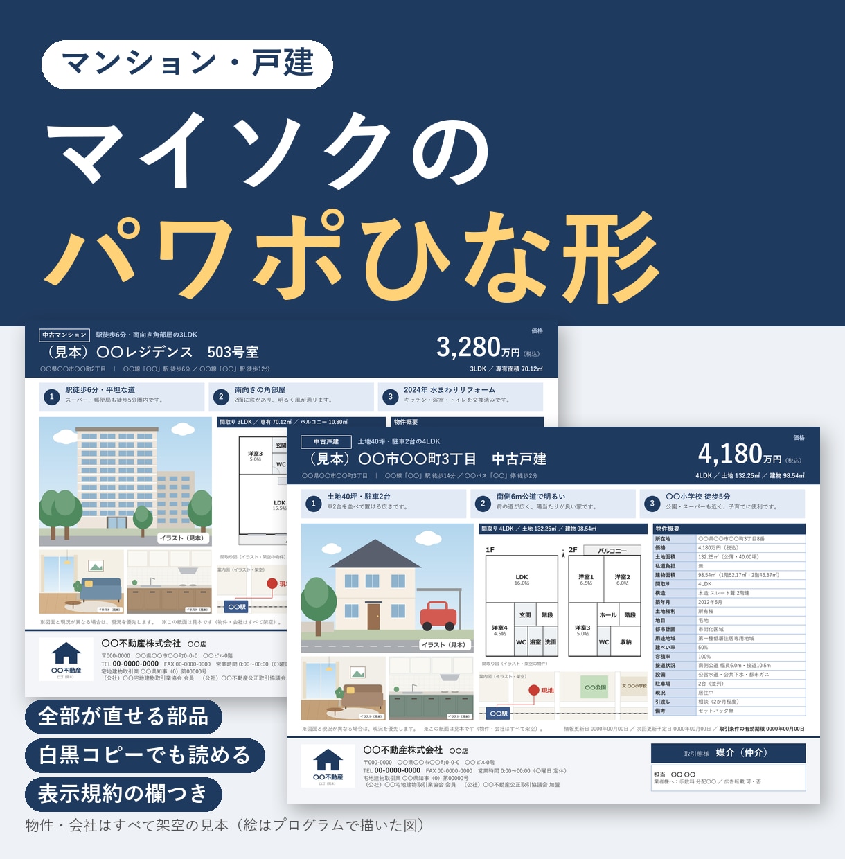 マイソク・販売図面のパワポひな形を作ります マンション・戸建対応｜表示規約の欄つき・社内で直せる イメージ1