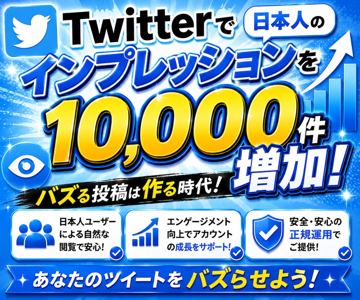 Twitter (X)で1万件のインプ増やします 日本人のインプレッションを+10,000件増やします！ イメージ1