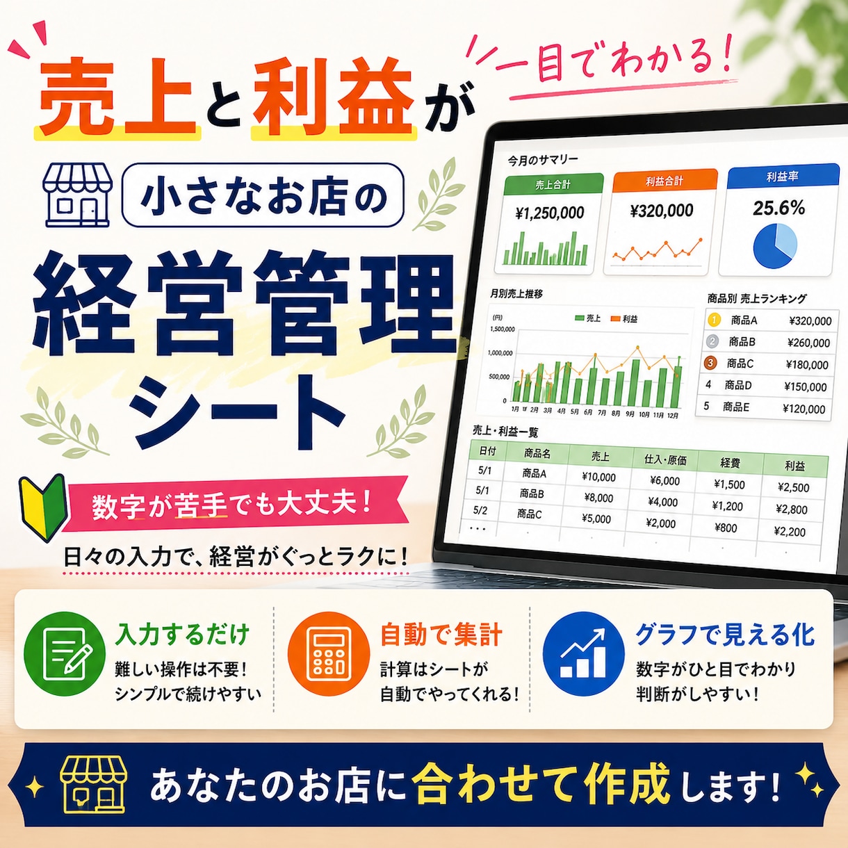 小さなお店専用！売上利益の見えるシートを作成します 毎日の入力だけで、売上・利益の見える化人気商品が一目でわかる イメージ1