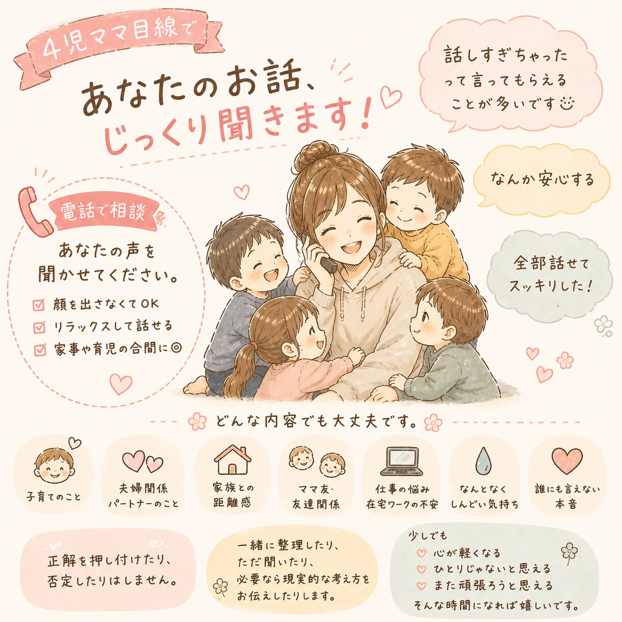 4児ママがあなたの不安を優しく聞きます 誰にも言えない不安、話しませんか？ イメージ1