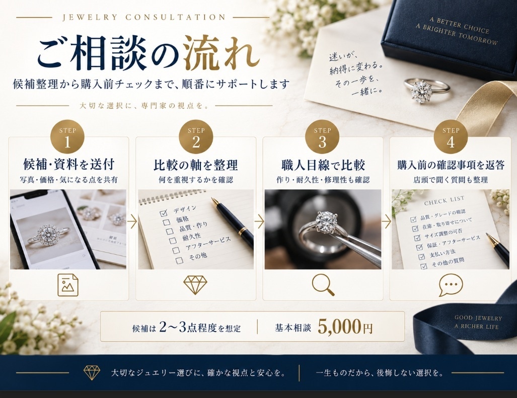 高額ジュエリーの購入相談・候補比較をします 複数候補を比較し、納得して選ぶ判断材料を整理します イメージ3