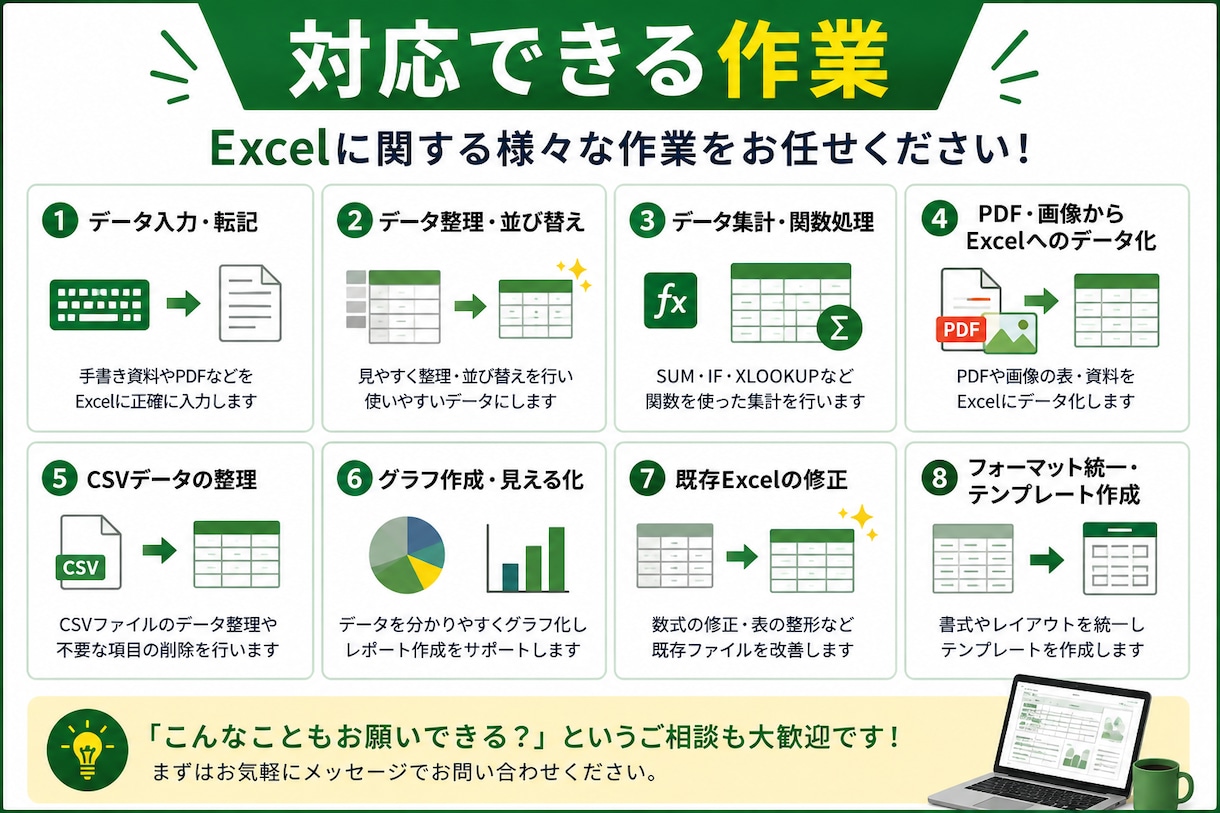 面倒なExcel作業をまるごと代行します 入力・整理・集計・PDF変換まで丁寧に対応 イメージ2