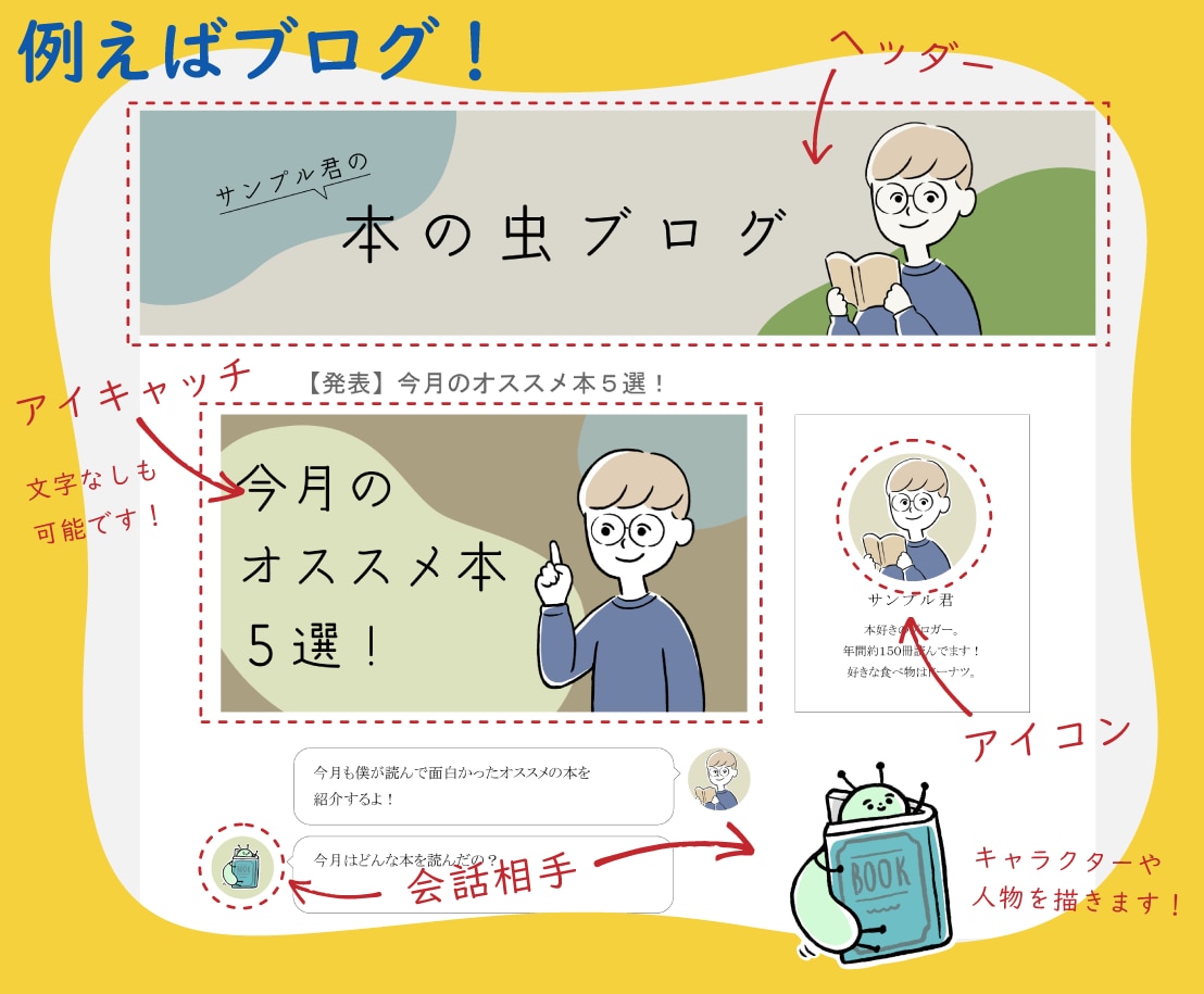 ブログやインスタなど！可愛いイラストで飾ります SNSのヘッダーをはじめ、欲しいイラストをまとめて作成！ イメージ2