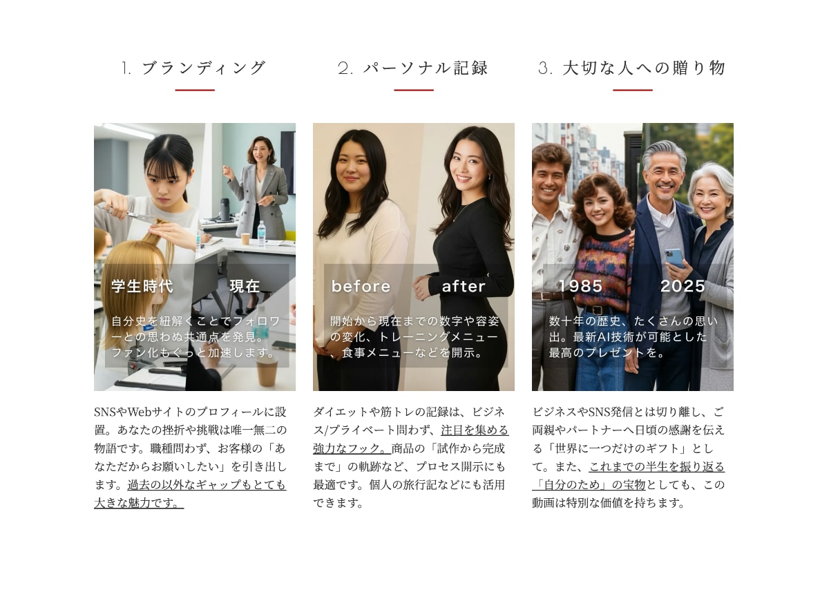 AIとあなたの写真で綴る感動の半生動画を制作します SNSでバズリ中！[芸能人の過去現在]のような縦型AI動画 イメージ3