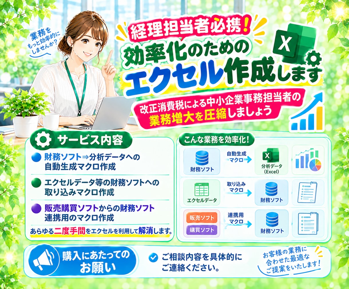 経理担当者必携！　効率化のためのエクセル作成します 改正消費税による中小企業事務担当者の業務増大を圧縮しましょう イメージ1