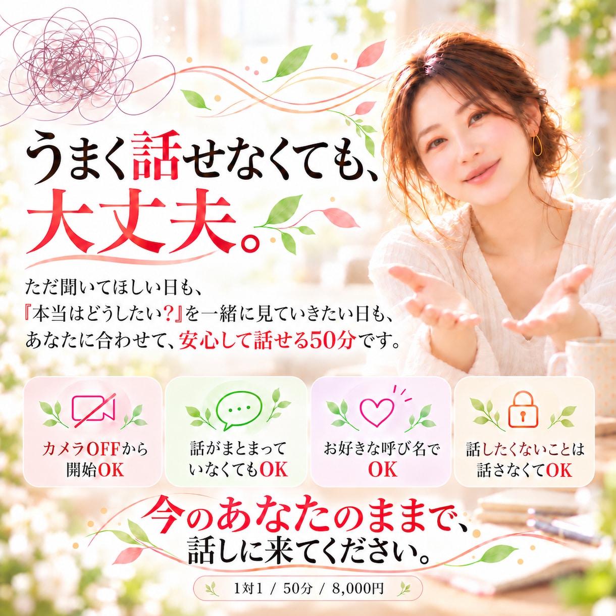 頭の中のぐるぐる◎を話して整理します 気持ちを話して「本当はどうしたい？」を見つける50分 イメージ7