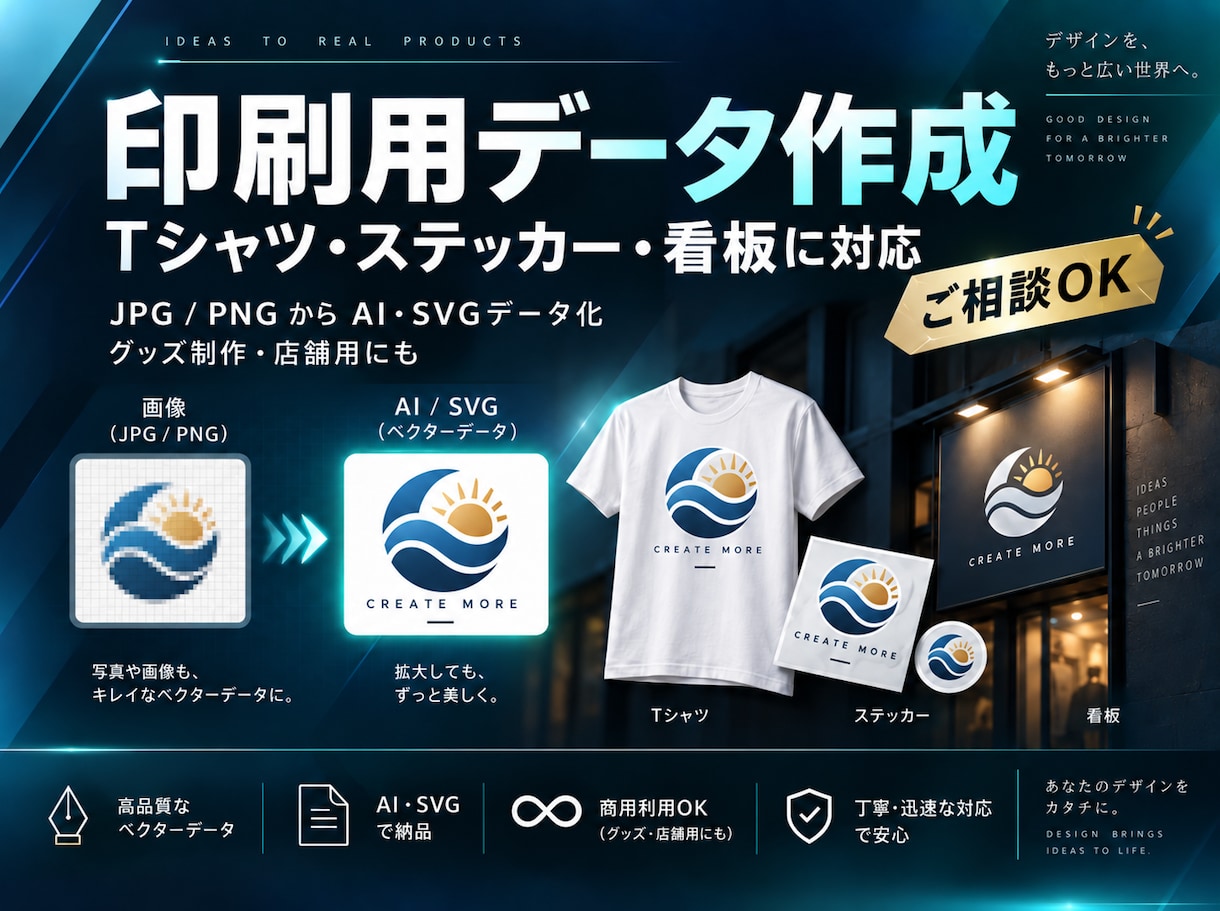 Tシャツ・ステッカー・看板用の印刷データ作成します 画像しかなくても大丈夫。印刷に使いやすいデータに整えます。 イメージ1