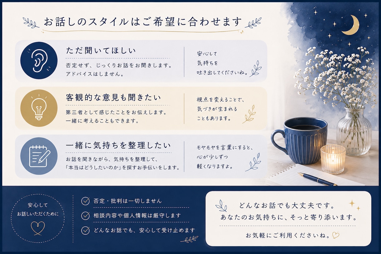 誰にも言えない悩みやモヤモヤをゆっくりお聞きします ただ聞いてほしい、気持ちを整理したい時にお話しください イメージ3