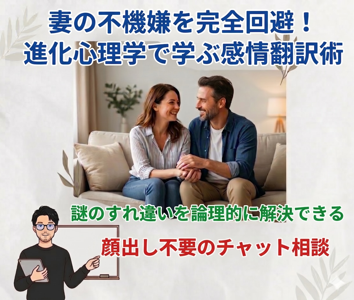 妻の不機嫌を回避!心理学に基づく感情翻訳相談します 妻とのすれ違いを進化心理学で解明!顔出不要のテキスト相談形式 イメージ1
