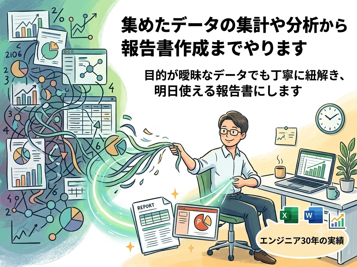 集めたデータの集計や分析から報告書作成までやります 目的が曖昧なデータでも丁寧に紐解き、明日使える報告書にします イメージ1