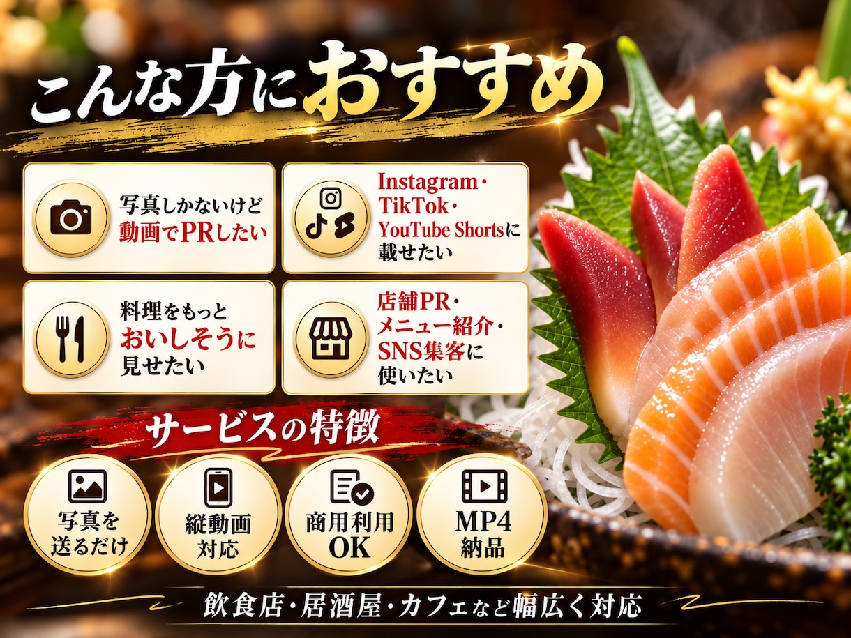 飲食店の写真からSNS用PR動画を制作します 料理写真・店舗写真から、魅力が伝わる縦型PR動画に仕上げます イメージ2