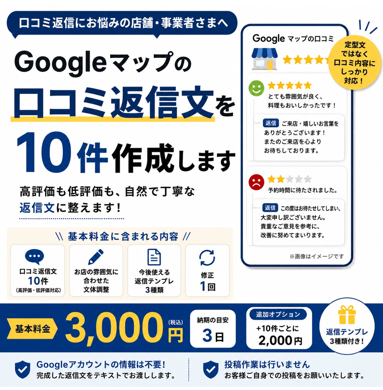 Google口コミの返信文を10件作成します 高評価も低評価も自然で丁寧な返信文に整えます イメージ1