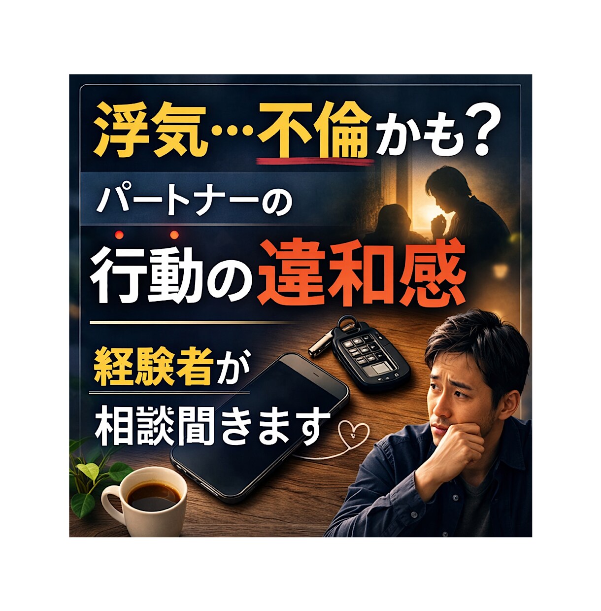 妻の不倫を経験した父子家庭の男性が話を聞きます 離婚を経て父子家庭になりました経験者として話を共有できます。 イメージ1