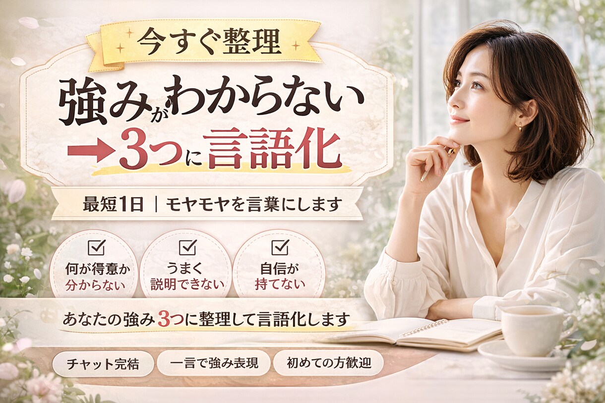 今すぐ整理｜強みを3つに言語化します 最短1日｜モヤモヤを言葉にします イメージ1