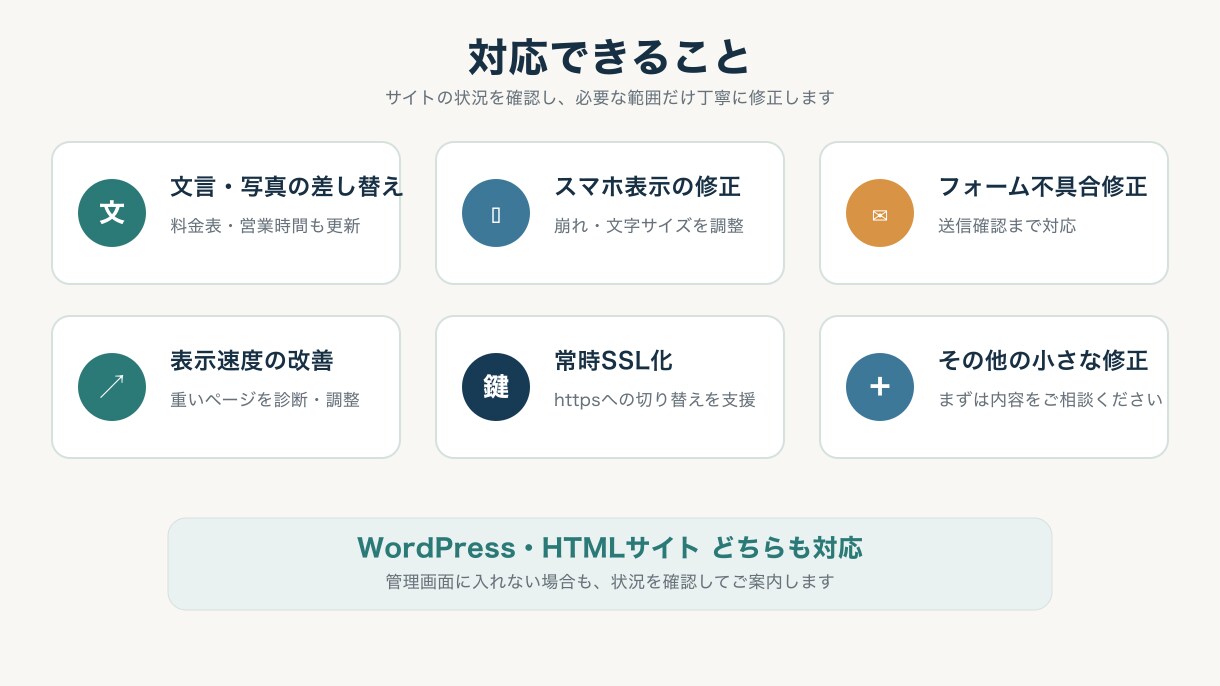 ホームページの修正・スマホ対応します 小さな修正1件から。作った人と連絡が取れない場合も対応 イメージ3