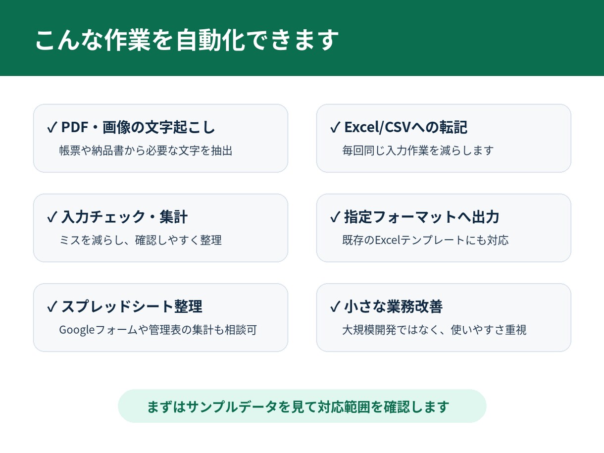 Excel・PDF転記を自動化します あなたのフォーマットに合わせて作成いたします イメージ3
