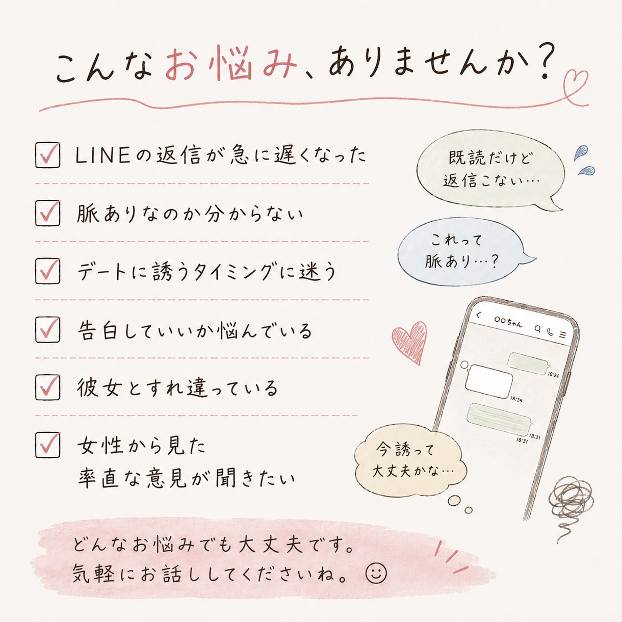 男性の恋愛相談に女性目線でお答えします 女性から見て実際どう？率直な女性の感覚をお伝えします イメージ2