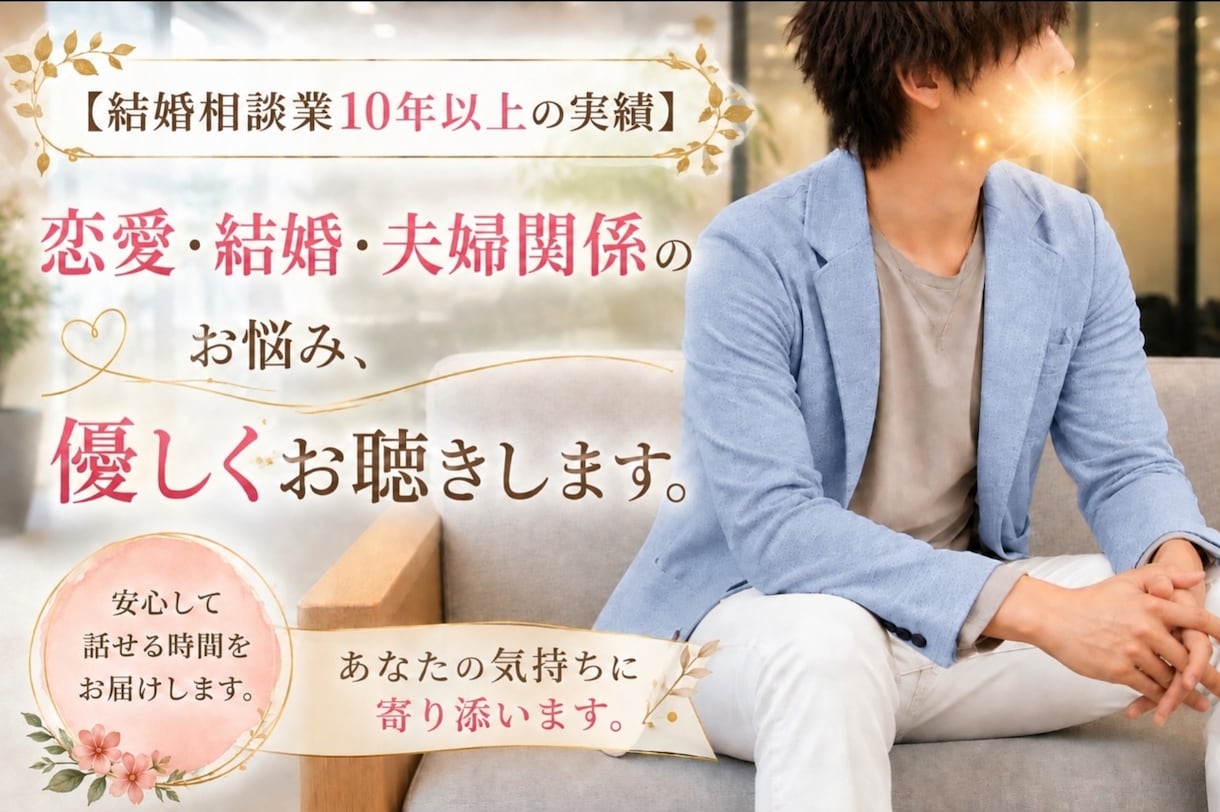 恋愛.婚活.夫婦関係のお悩み相談室になります 誰にも言えない恋愛・婚活のお悩み、優しく受け止めます。 イメージ2