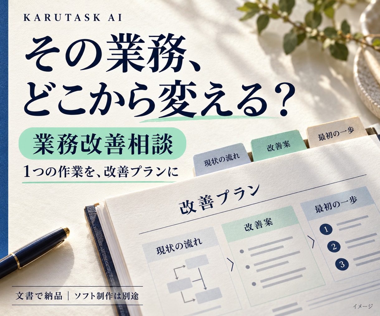 小さな業務1つの改善を整理します 流れ・改善案・最初の一歩を文書で イメージ1