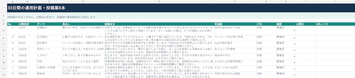 Googleマップ運用計画と投稿案8本を作ります 30日計画｜投稿案8本・返信テンプレ20種をExcel納品 イメージ2