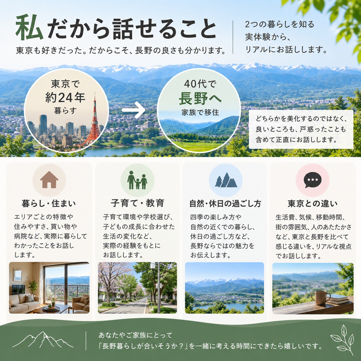 東京→長野へ家族移住したリアルを話します 長野移住が自分に合うか一緒に考えます！お気軽に。 イメージ4