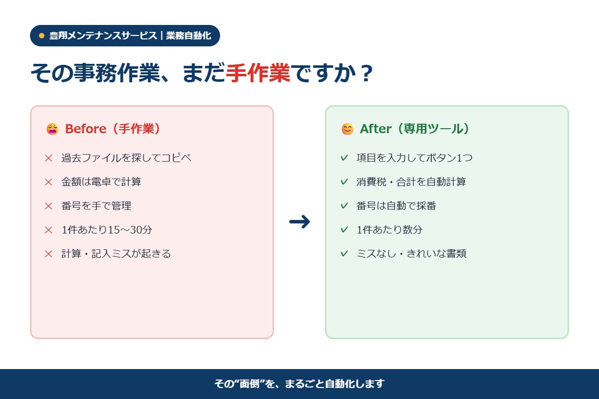 見積書・請求書が自動で作れる専用ツール作ります Excelコピペ作業,もう卒業 会社専用ツールでボタン1つ イメージ2
