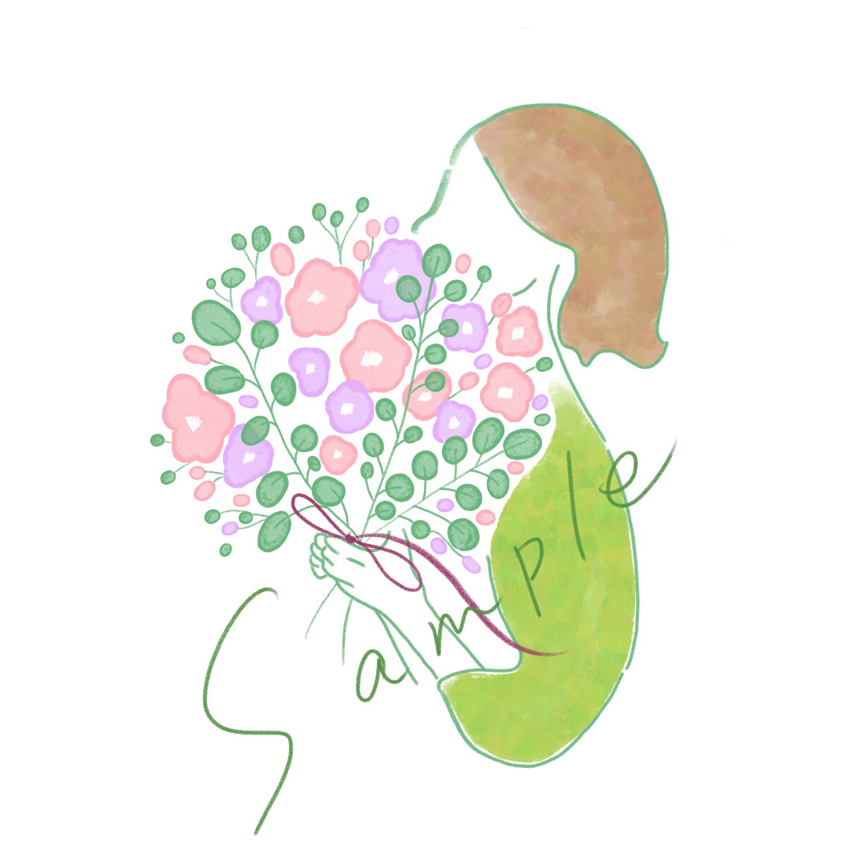 花束を持った女性のイラストお描きします 好きな花束×横顔　SNSアイコンに◎ イメージ4