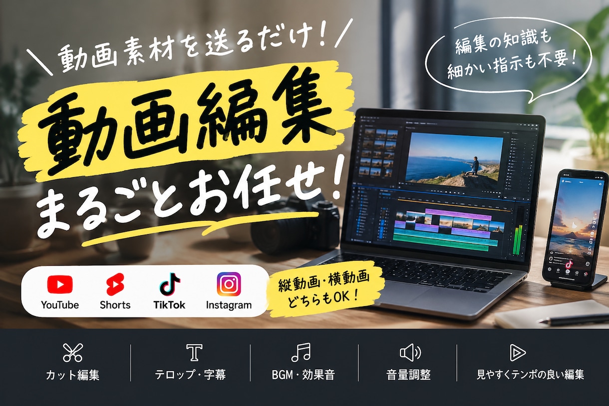 動画素材を送るだけ！縦動画・横動画を編集ます 編集の知識も細かい指示も不要！素材をお送りください。 イメージ1
