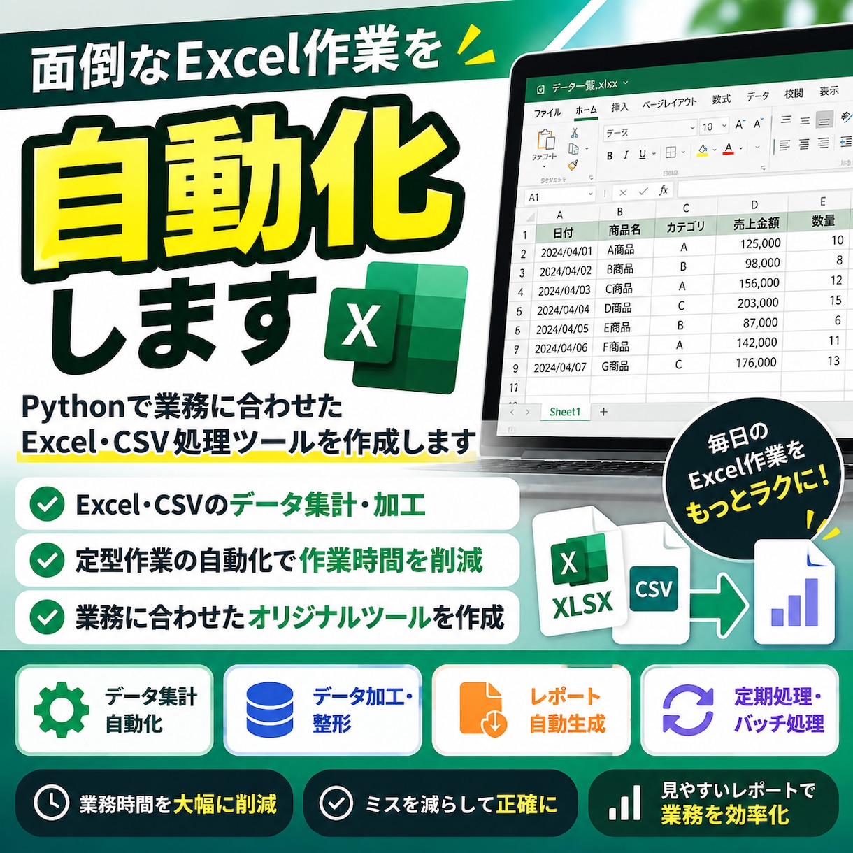 Excel・CSV自動化します 毎日のコピペ・集計・整形作業をラクにします イメージ1