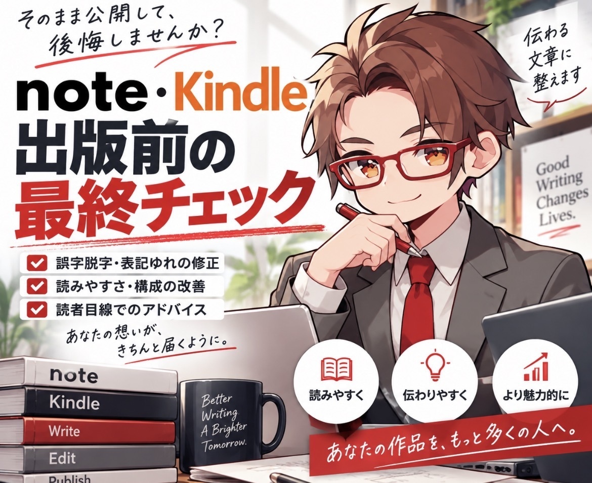 noteやKindle出版前の最終チェックします 出してから直すより、出す前に勝ち筋を作ります。 イメージ1