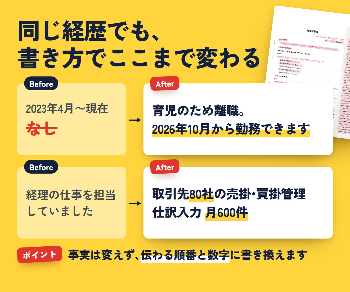 職務経歴書添削・作成｜人事のプロが作成します 採用側の勘所｜なぜ直したのかの解説メモ付きで納品 イメージ2