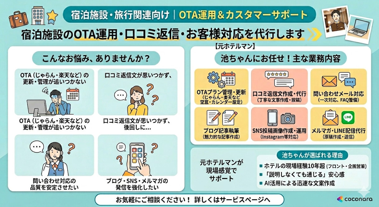 宿泊施設様へ|OTA運用&カスタマーサポートします 【ホテル企画営業課出身】マルチタスク×ホスピタリティ イメージ1