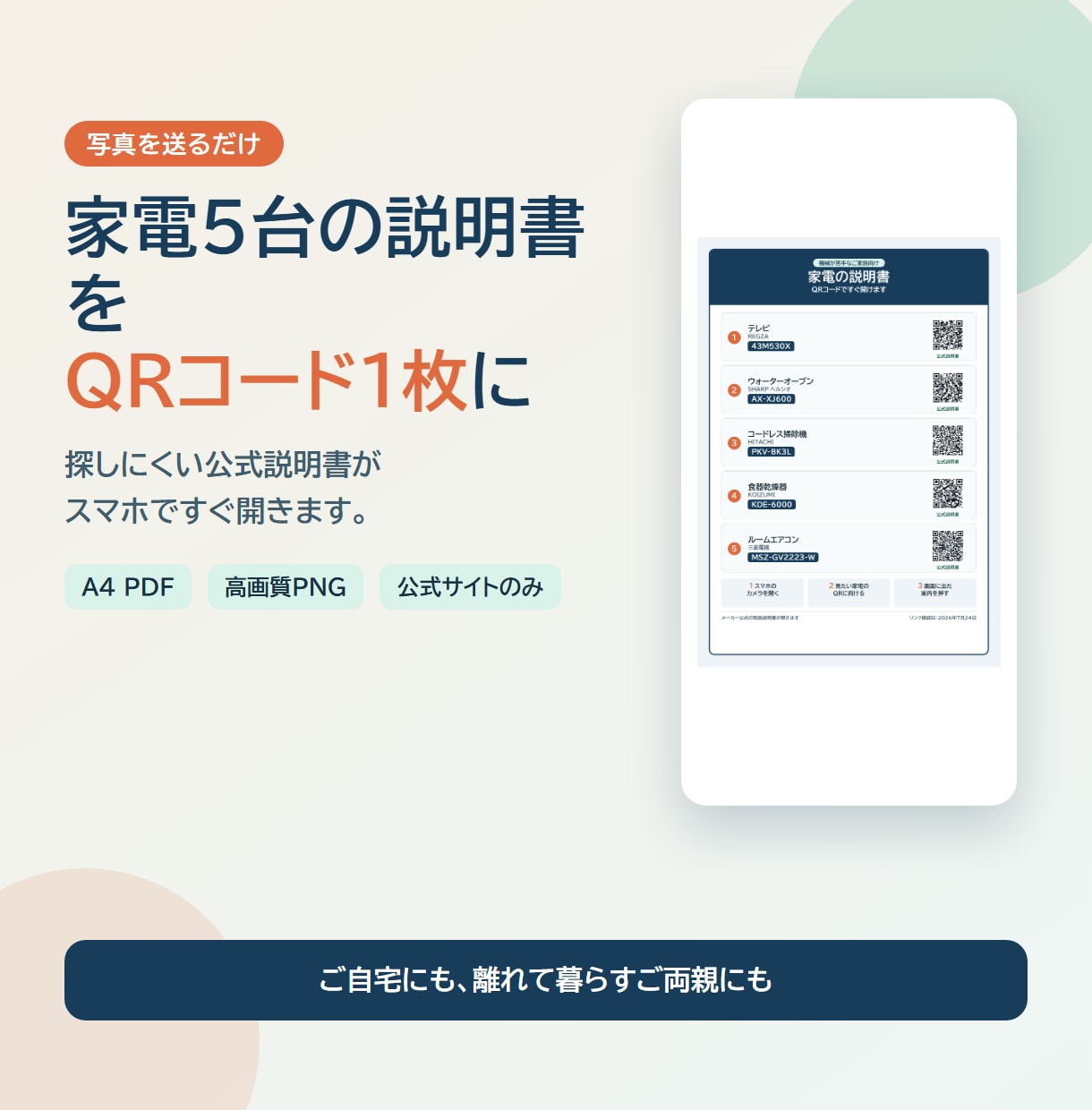 家電5台の公式説明書をQRコード1枚にまとめます 写真を送るだけ。探しにくい説明書がすぐ開きます イメージ1