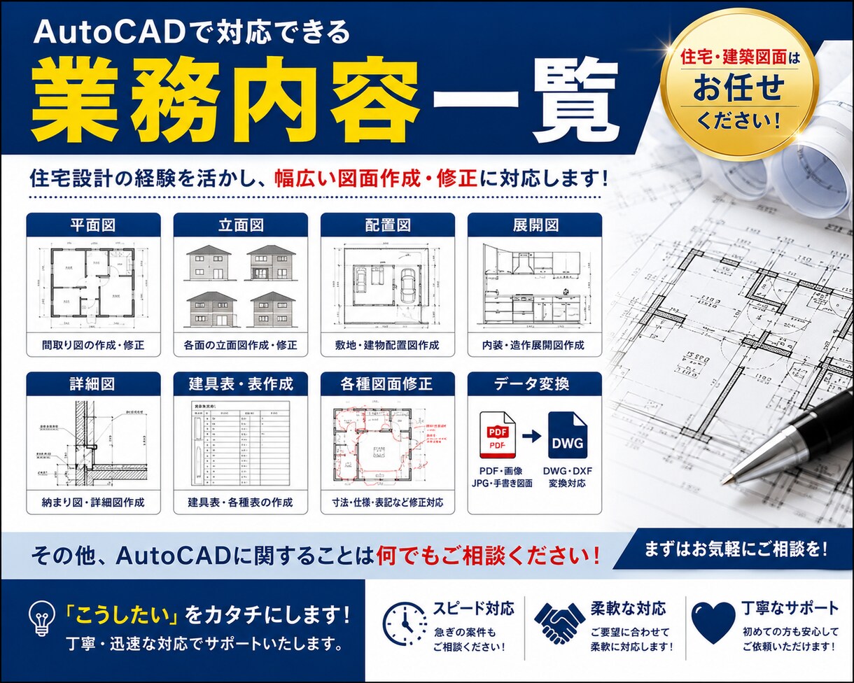 AutoCADで建築図面を迅速に作成いたします 住宅設計経験者が対応｜修正無制限｜手書き図面もCAD化 イメージ2