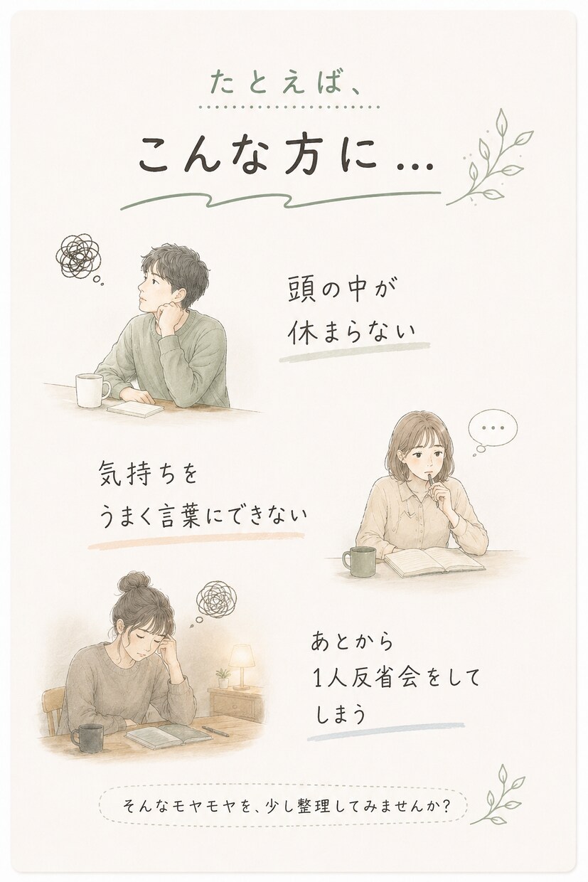 考えすぎてまとまらない時、モヤモヤを言葉にします 自己理解や気持ちの整理をしたい方へ イメージ3