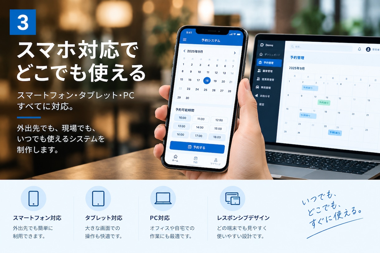 貴社専用の予約・管理Webシステムを制作します 予約サイト・管理画面など業務に合わせてオリジナルで制作します イメージ3