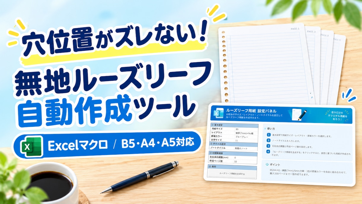 ルーズリーフ・手帳用紙を自動作成します 市販じゃ物足りないあなたへ。好みのサイズで理想のルーズリーフ イメージ1