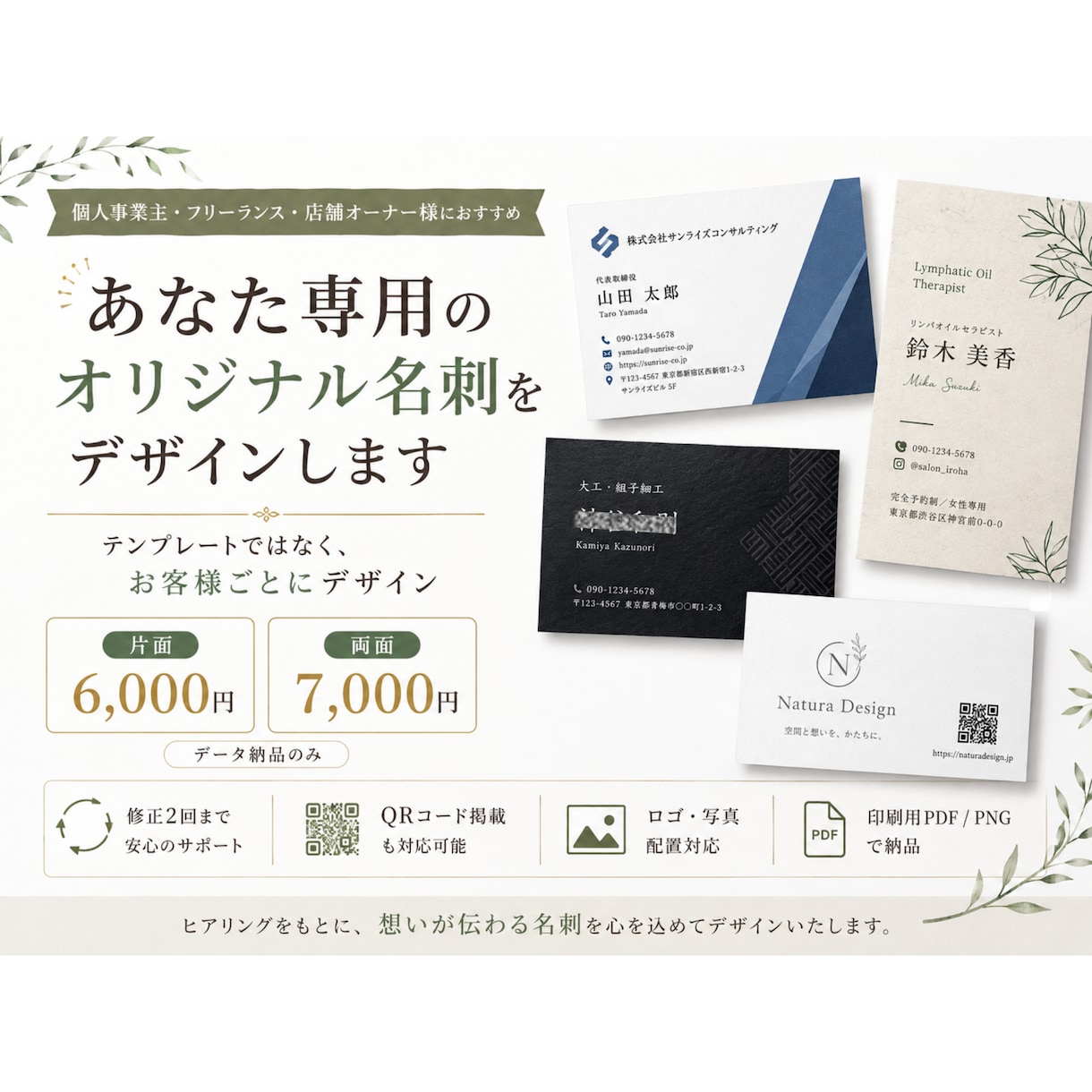あなた専用のオリジナル名刺を両面デザインしますます テンプレートではなく、お客様ごとにデザインします イメージ1