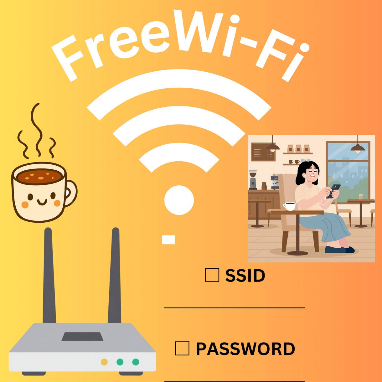カフェFree Wi-Fiポスター作成しますます シンプルで見やすいWi-Fi案内を使えるデザインでご提供！ イメージ1