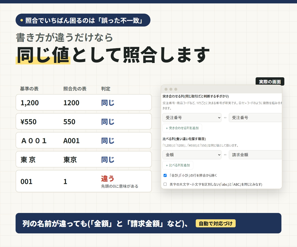 2つの表を突き合わせて合わない行だけ出します 金額の違い・請求漏れ・二重請求を一度に見つけます イメージ2