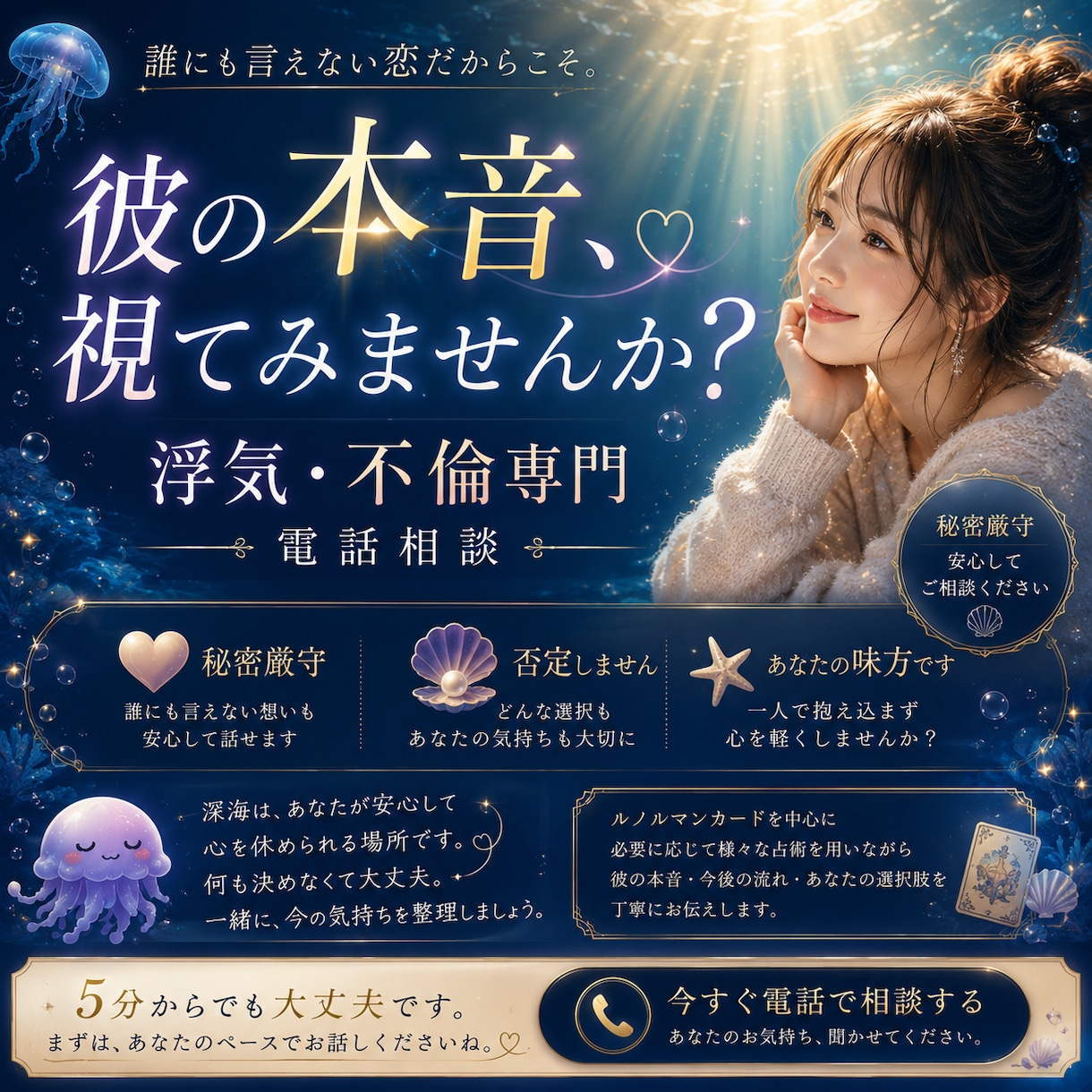 浮気・不倫の悩み、否定せずお聞きします 誰にも言えない恋も、一人で抱えなくて大丈夫。 イメージ1
