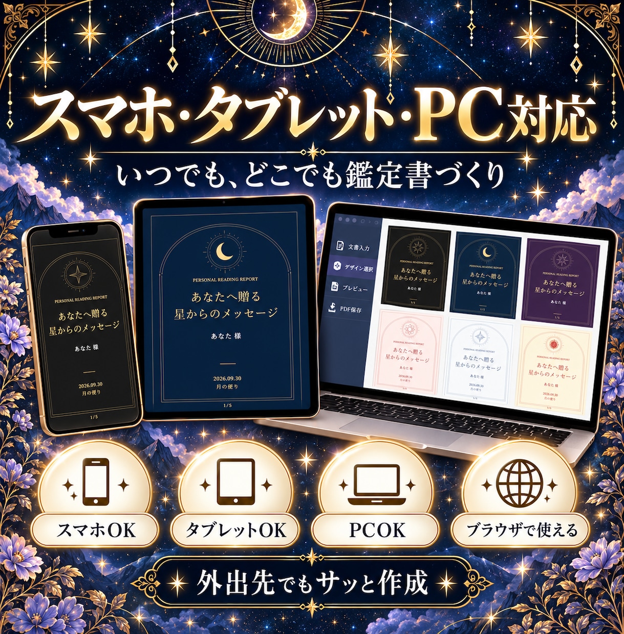 占い師様用、スマホで豪華な占い鑑定書を作成できます 文章を入れてデザインを選ぶだけ！高級感あるPDF鑑定書が完成 イメージ5