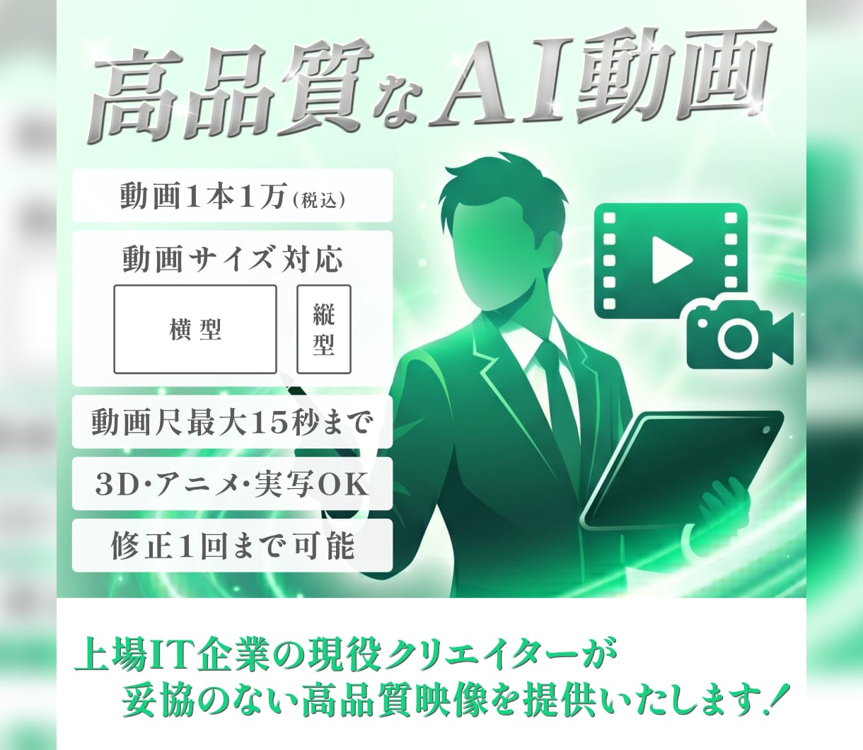 実写のコストを大幅削減し、高品質なAI動画作ります 上場IT企業の現役クリエイターが妥協のない高品質映像を提供！ イメージ1
