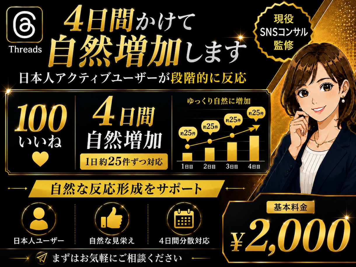 4日間かけてThreads日本人いいね増加します 1日約25件ずつゆっくり自然な増加をサポート イメージ1
