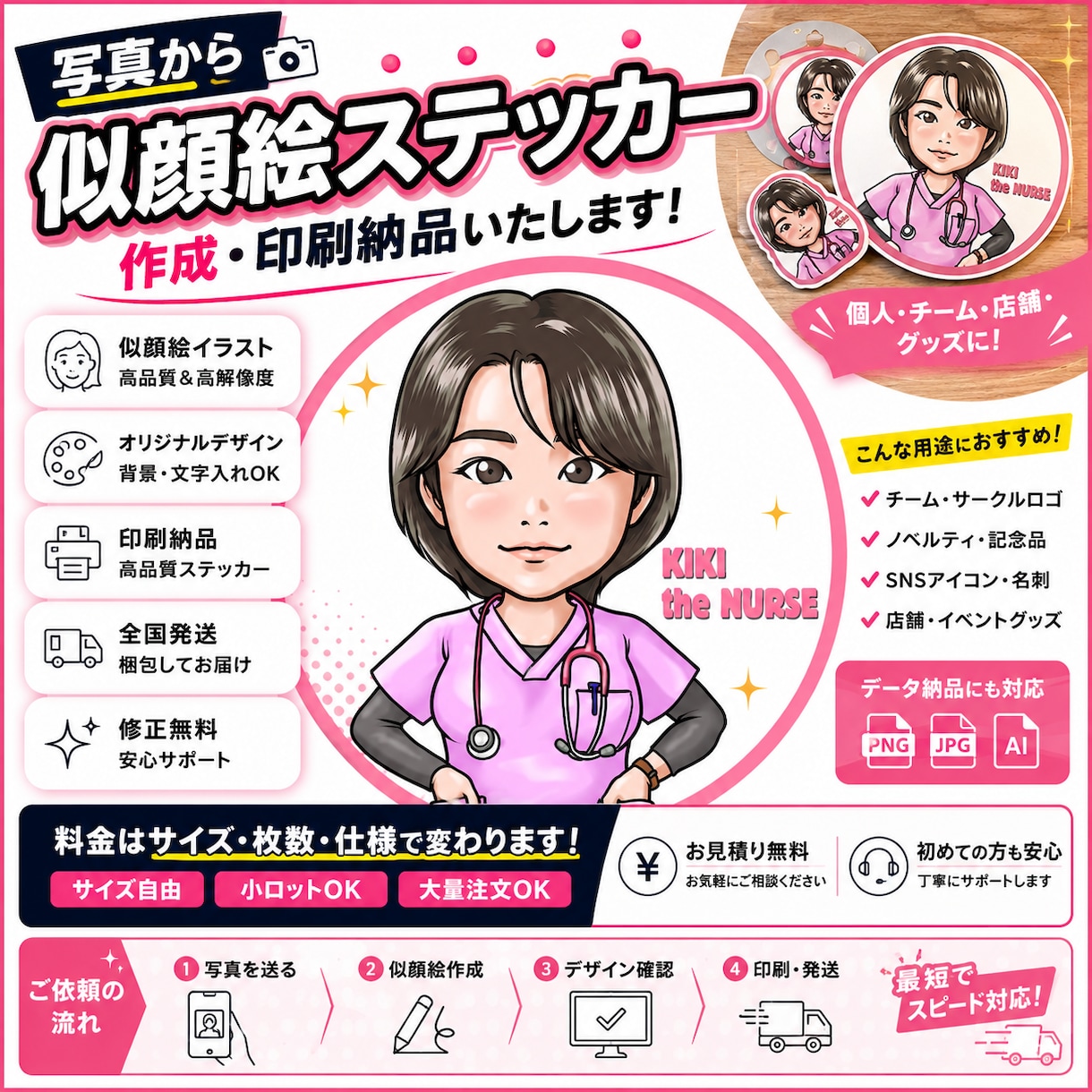 似顔絵ステッカー作成・印刷納品致します 似顔絵エンブレムの作成から印刷依頼・納品までをいたします。 イメージ1