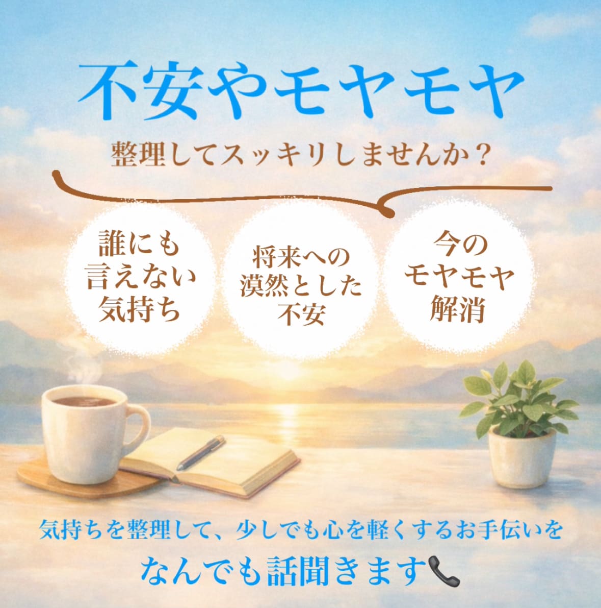 誰にも言えない不安やモヤモヤすることのお話聞きます 漠然とした不安の原因を見つけてスッキリしたい方へ イメージ1