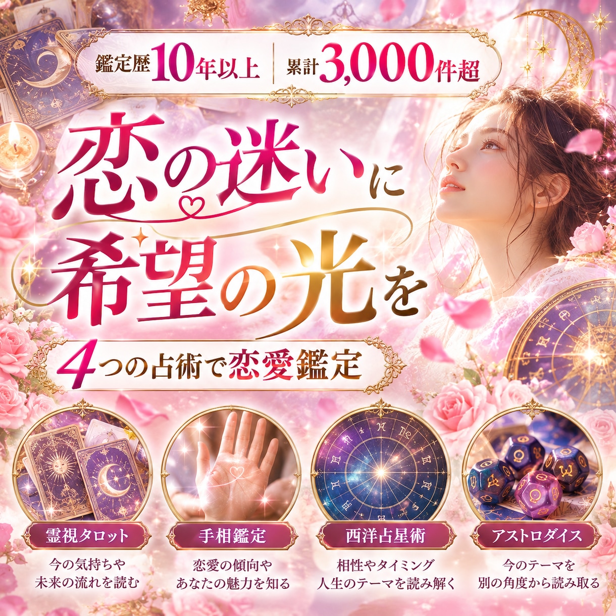 恋の迷いを四つの占術で自信ある一歩に変えていきます 鑑定歴10年以上・累計3000件超の経験で恋愛を多角的に鑑定 イメージ3